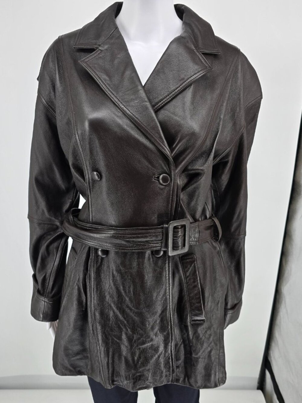 Vintage 1990s Together! Dark Brown Double-Breasted Belted Leather Trench Coat -M